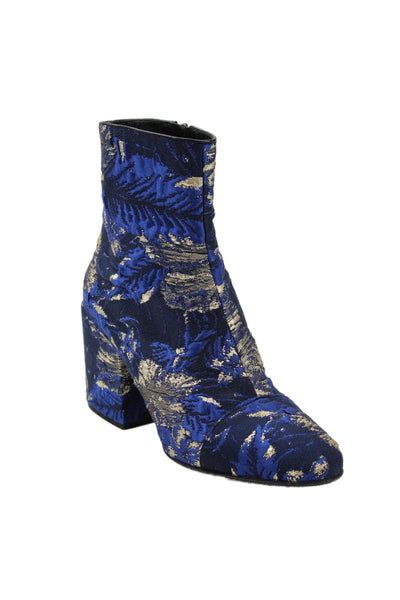 Dries Van Noten Womens Side Zip Block Heel Metallic Printed Booties Blue Gold 38