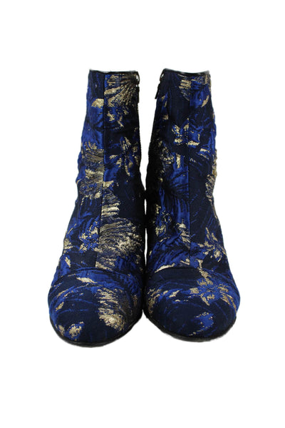 Dries Van Noten Womens Side Zip Block Heel Metallic Printed Booties Blue Gold 38