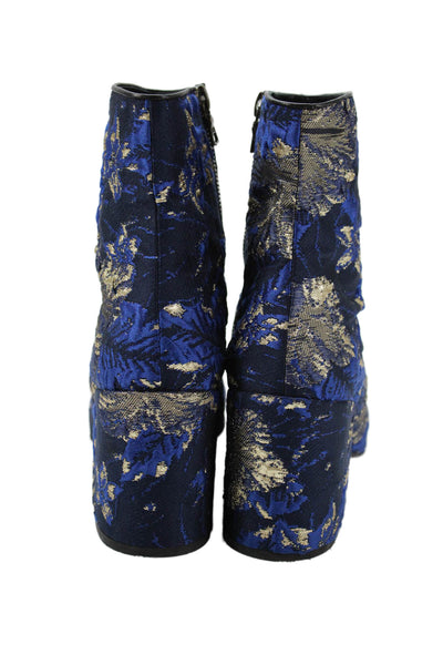 Dries Van Noten Womens Side Zip Block Heel Metallic Printed Booties Blue Gold 38