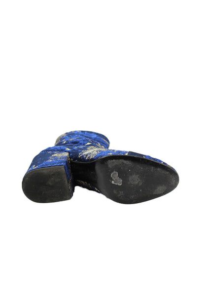 Dries Van Noten Womens Side Zip Block Heel Metallic Printed Booties Blue Gold 38