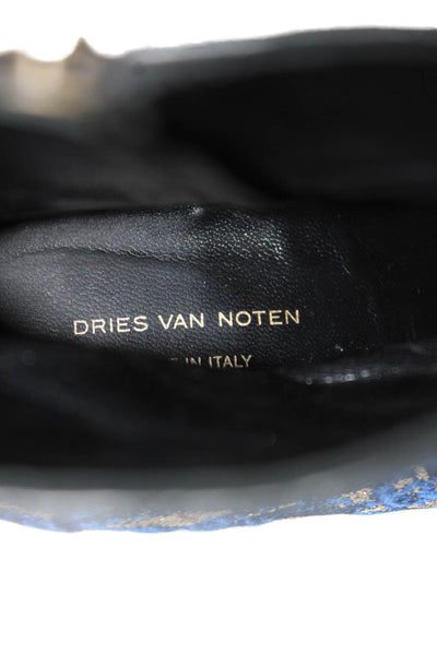 Dries Van Noten Womens Side Zip Block Heel Metallic Printed Booties Blue Gold 38
