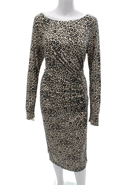L.K. Bennett Women Sheath Dress Beige Silk Boatneck Longsleeve Knee Size 14