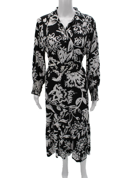 Figue Womens Maxi Dress Black Floral Viscose Long Sleeve Collared Size L