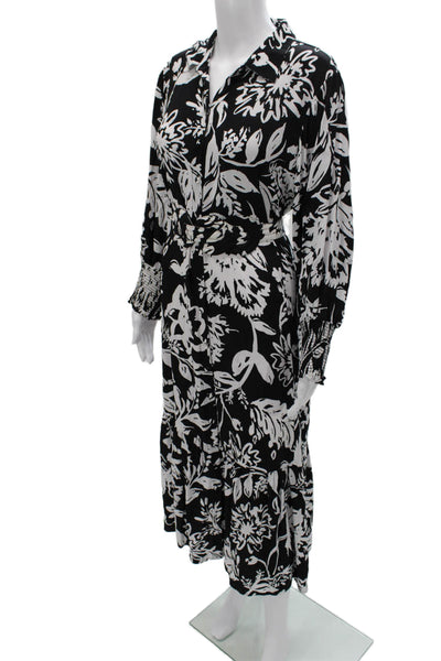 Figue Womens Maxi Dress Black Floral Viscose Long Sleeve Collared Size L