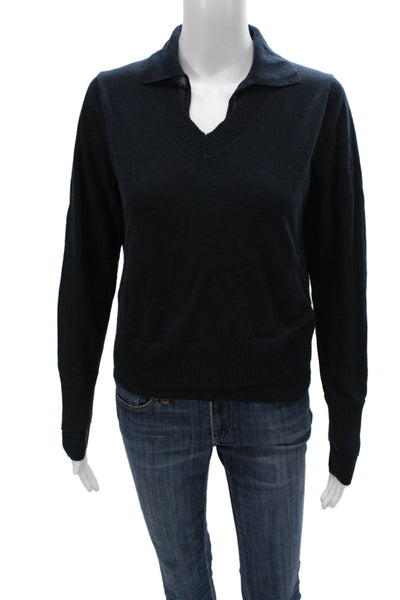 Vince Women Collared Sweater Blue Cotton Blend Long Sleeve Petite Size S