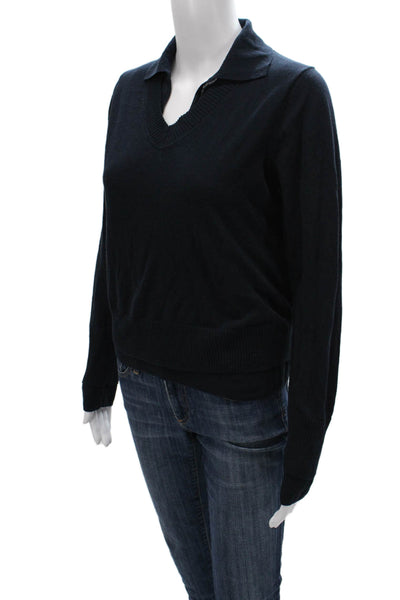 Vince Women Collared Sweater Blue Cotton Blend Long Sleeve Petite Size S