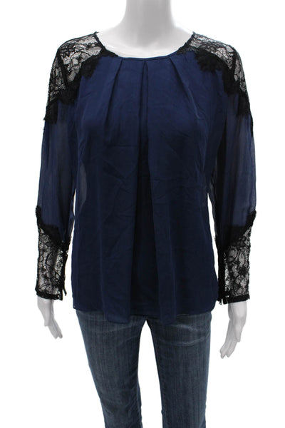 Alice + Olivia Women Blue Long Sleeve Round Neck Blouse Nylon Size L