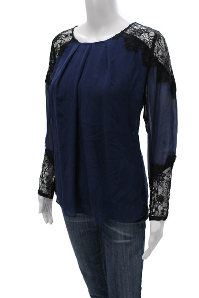 Alice + Olivia Women Blue Long Sleeve Round Neck Blouse Nylon Size L