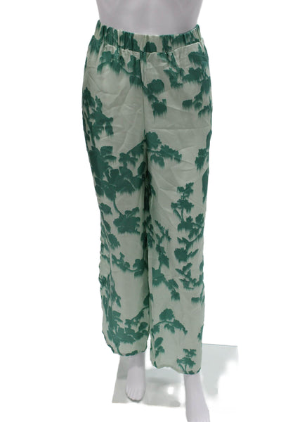 Max Mara Women Green Floral Dress Pants Polyester Blend Pull On Size M