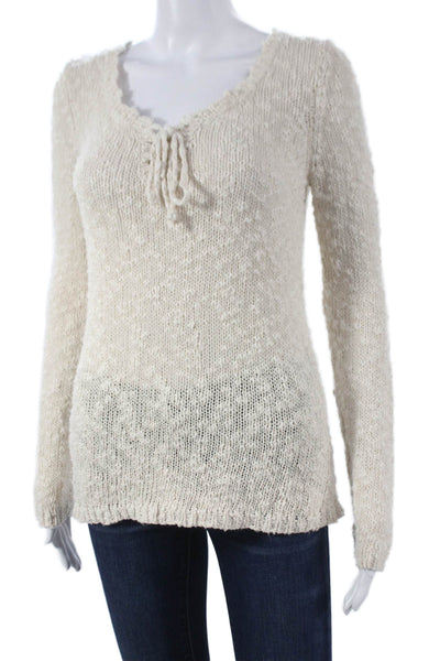 Splendid Womens Ivory V-Neck Cotton Long Sleeve Pullover Sweater Size S
