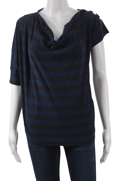 Sonia Rykiel Women Black Striped Cowl Neck Cotton T-Shirt Short Sleeve Size XS