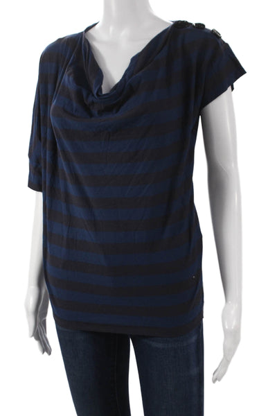 Sonia Rykiel Women Black Striped Cowl Neck Cotton T-Shirt Short Sleeve Size XS