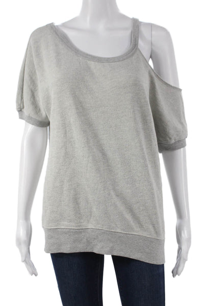Pam & Gela Women Gray Cotton Pullover Sweatshirt Round Neck Short Sleeve Size S