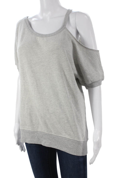 Pam & Gela Women Gray Cotton Pullover Sweatshirt Round Neck Short Sleeve Size S