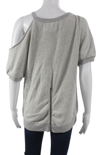 Pam & Gela Women Gray Cotton Pullover Sweatshirt Round Neck Short Sleeve Size S