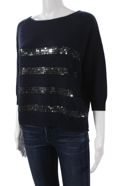 Autumn Cashmere Women Cashmere Striped Boat Neck Pullover 3/4 Sleeve Size S