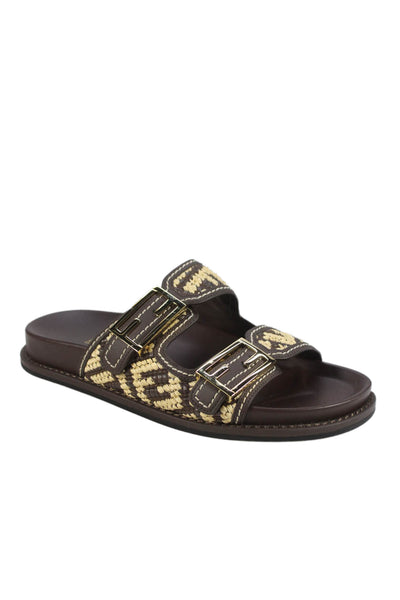 Fendi Womens Double Buckle Zucca Raffia Slide Sandals Brown White Size 38