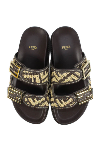 Fendi Womens Double Buckle Zucca Raffia Slide Sandals Brown White Size 38