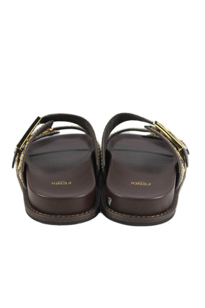 Fendi Womens Double Buckle Zucca Raffia Slide Sandals Brown White Size 38