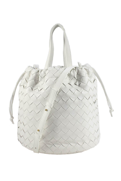 Bottega Veneta Womens Intrecciato Leather Castello Bucket Bag Handbag White