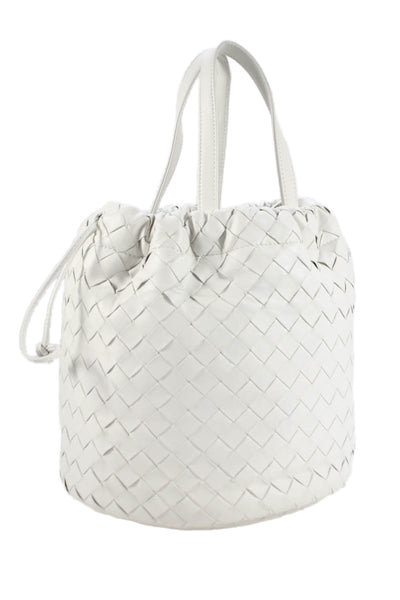Bottega Veneta Womens Intrecciato Leather Castello Bucket Bag Handbag White