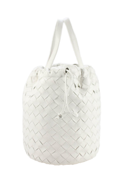 Bottega Veneta Womens Intrecciato Leather Castello Bucket Bag Handbag White