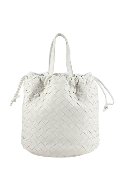 Bottega Veneta Womens Intrecciato Leather Castello Bucket Bag Handbag White
