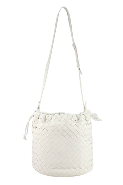 Bottega Veneta Womens Intrecciato Leather Castello Bucket Bag Handbag White