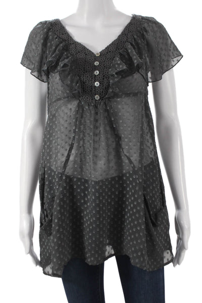 Daniel Rainn Womens Polka Dot V-Neck Tunic Blouse Gray Short Sleeve Size S