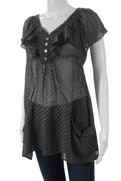 Daniel Rainn Womens Polka Dot V-Neck Tunic Blouse Gray Short Sleeve Size S
