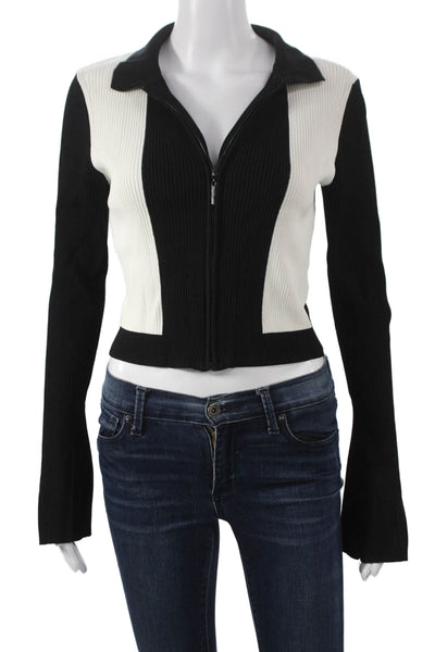 Yllw Womens Black Striped Viscose Full Zip Sweater Collared Long Sleeve Size S