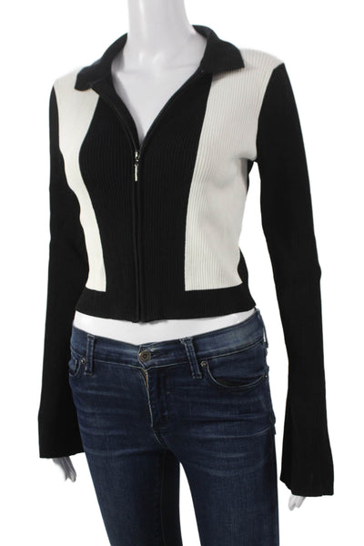 Yllw Womens Black Striped Viscose Full Zip Sweater Collared Long Sleeve Size S