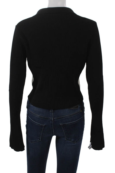 Yllw Womens Black Striped Viscose Full Zip Sweater Collared Long Sleeve Size S