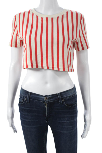 Zara Women Cropped Red Striped Cotton Crew Neck Short Sleeve T-Shirt Size S