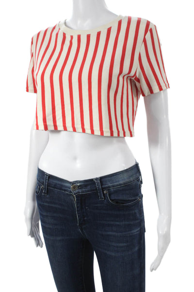 Zara Women Cropped Red Striped Cotton Crew Neck Short Sleeve T-Shirt Size S