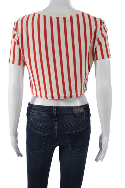 Zara Women Cropped Red Striped Cotton Crew Neck Short Sleeve T-Shirt Size S