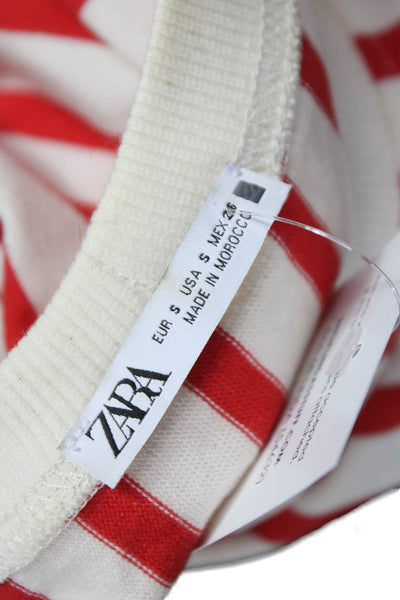 Zara Women Cropped Red Striped Cotton Crew Neck Short Sleeve T-Shirt Size S