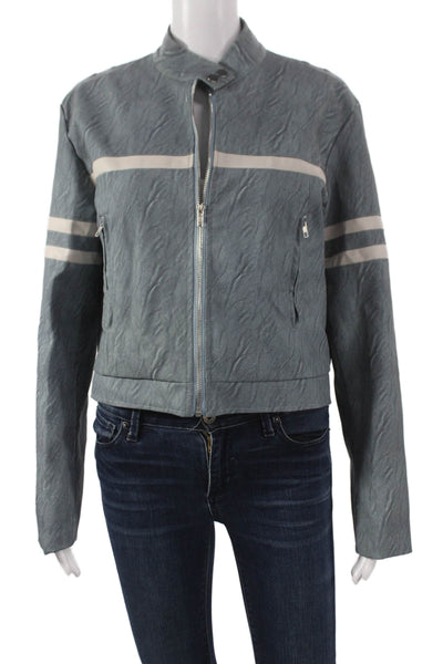 Edikted Women Moto Jacket Gray Faux Leather Striped Zip Long Sleeve Size XS