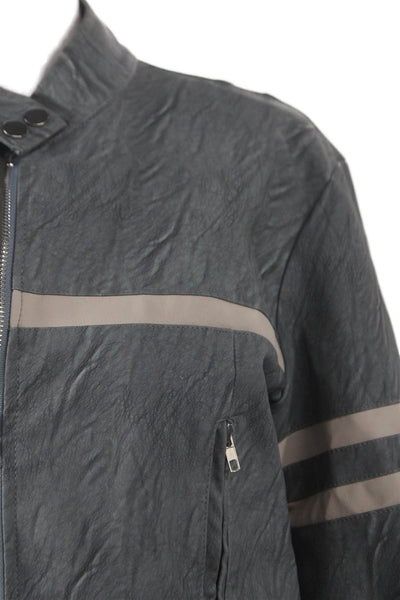 Edikted Women Moto Jacket Gray Faux Leather Striped Zip Long Sleeve Size XS