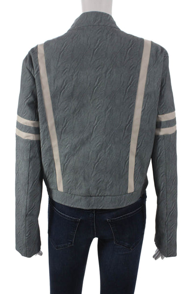 Edikted Women Moto Jacket Gray Faux Leather Striped Zip Long Sleeve Size XS