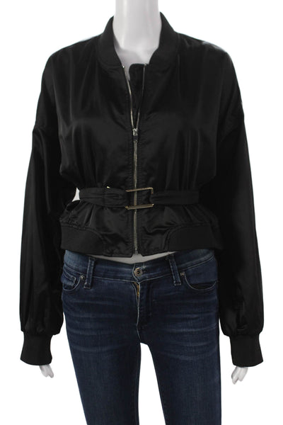 Zara Women Bomber Jacket Black Satin Zip Long Sleeve Size L