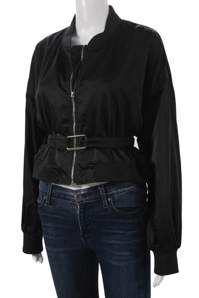 Zara Women Bomber Jacket Black Satin Zip Long Sleeve Size L