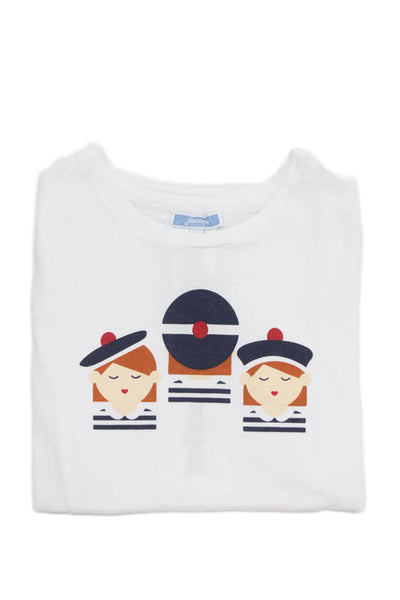 Jacadi Childrens Girls Short Sleeves Tee Shirt White Navy Blue Size 8