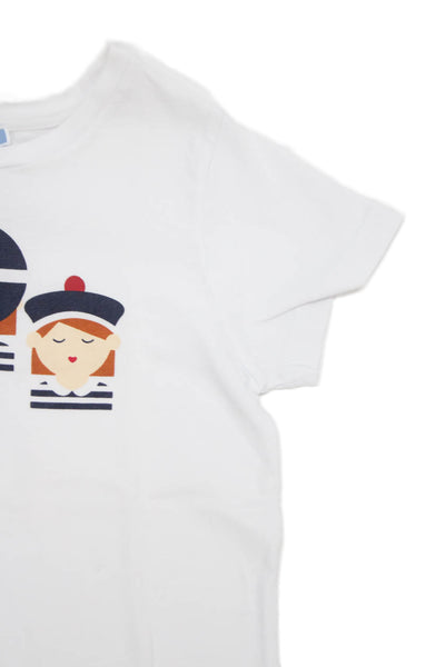 Jacadi Childrens Girls Short Sleeves Tee Shirt White Navy Blue Size 8