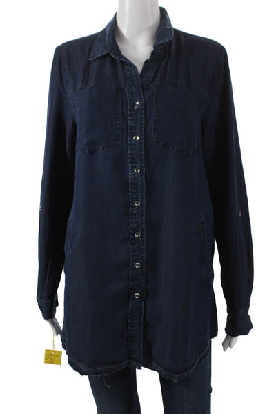 Renuar Womens Blue Tencel Lyocell Collared Tunic Button Up Long Sleeve Size M