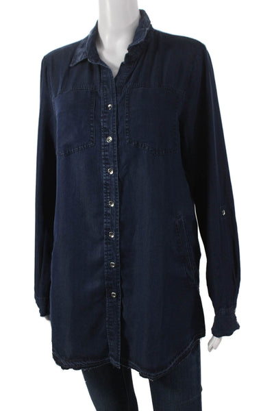 Renuar Womens Blue Tencel Lyocell Collared Tunic Button Up Long Sleeve Size M