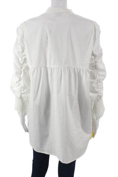 Noen Womens Tunic Blouse White Cotton Collared Button Long Sleeve Size L