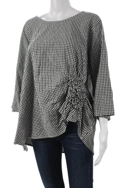 Tulip Womens Tunic Black Cotton Boat Neck 3/4 Sleeve Check Size L