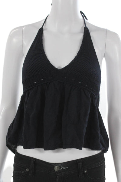 Subdued Womens Cropped Halter Tank Blue Viscose Solid Size 4