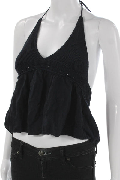 Subdued Womens Cropped Halter Tank Blue Viscose Solid Size 4